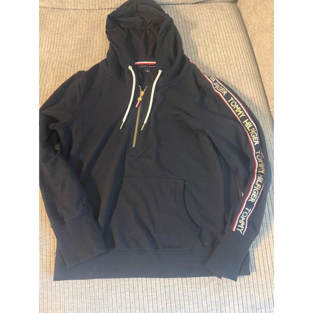 Tommy Hilfiger Womens Navy Blue Quarter Zip Logo Tape Sleeve Hoodie Size M